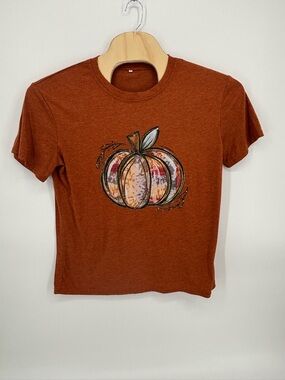 Burnt Orange Pumpkin Graphic T-Shirt XL Women's Fall Autumn Watercolor Glitter